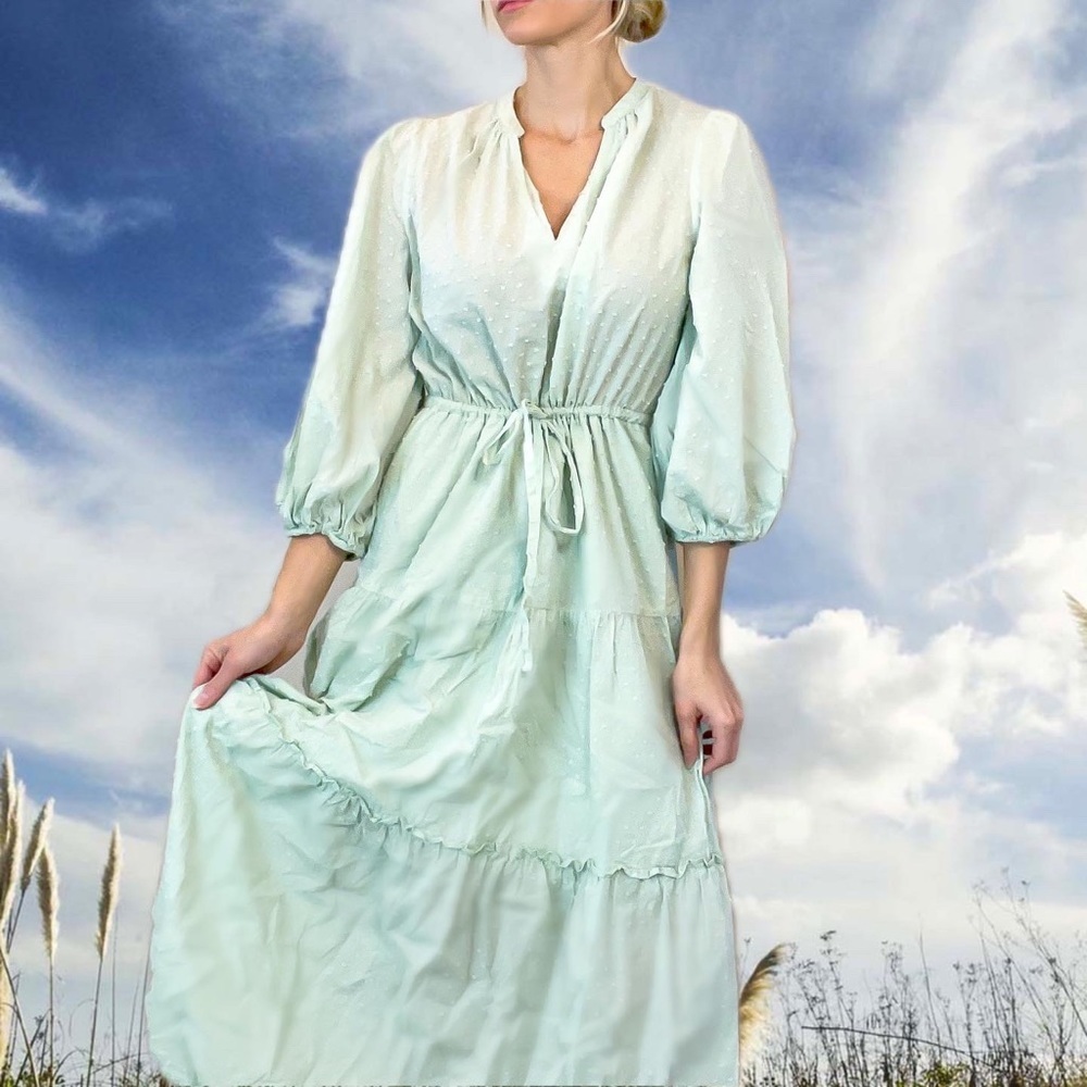 Mint balloon sleeve tiered maxi prairie dress med